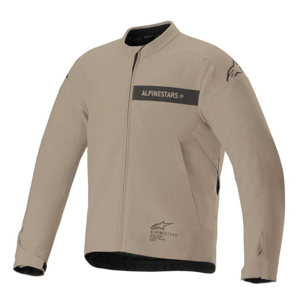 Alpinestars Aeron-jacka, urban motorcykeljacka, beige och svart, minimalistisk textilkonstruktion med logotyp på bröstrand, dragkedja framtill och justerbara manschetter