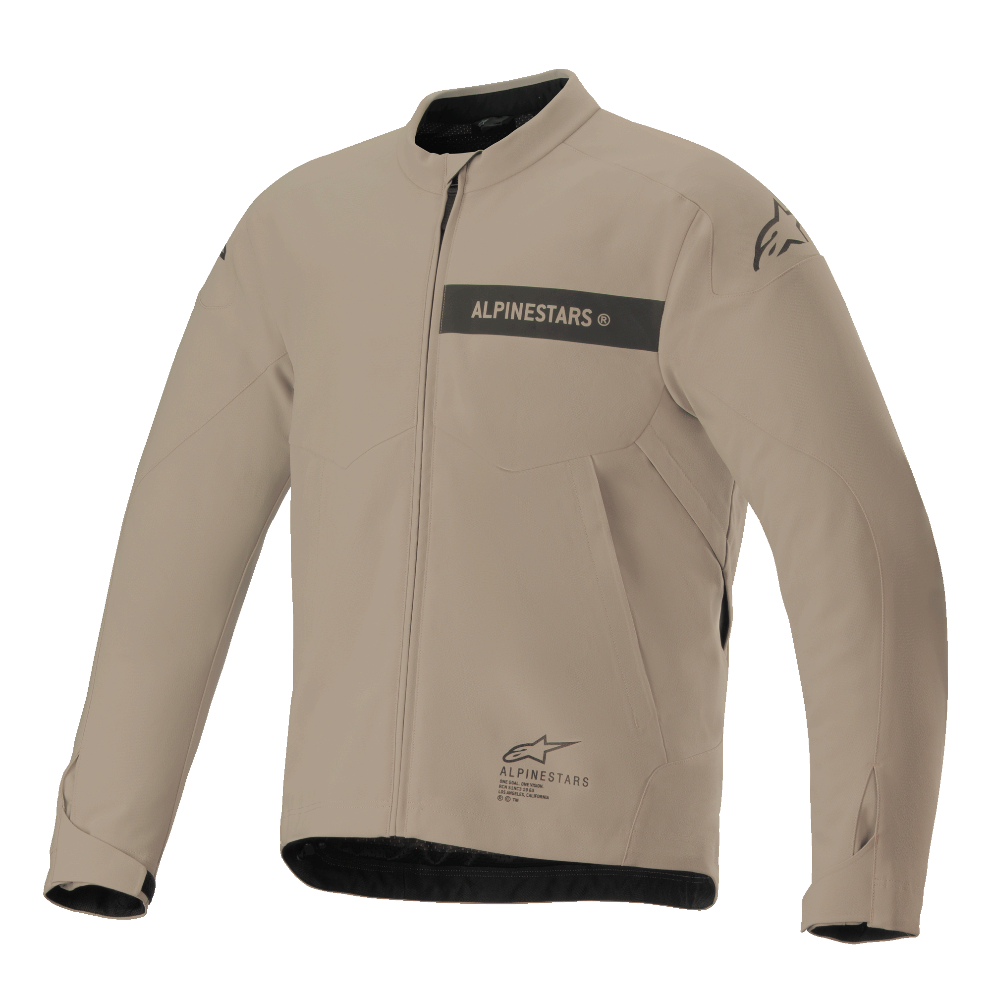 Alpinestars Aeron-jacka, urban motorcykeljacka, beige och svart, minimalistisk textilkonstruktion med logotyp på bröstrand, dragkedja framtill och justerbara manschetter