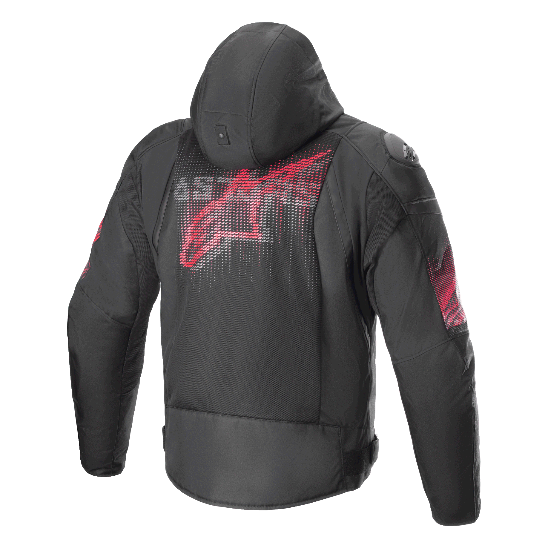 Alpinestars Zaca Air Venom WP-jacka, svart och klarröd, baksida med en stor stiliserad röd logotyp på ryggen, textiljacka för motorcykel med 3D-meshpaneler, avtagbar huva och DFS Lite-axelskydd, sportig mc-utrustning.