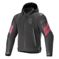Alpinestars Zaca Air Venom WP-jacka, motorcykeljacka i textil, svart och klarröd, röda gradientmönster på ärmarna, vertikal ASTARS-logotyp på bröstet, design med huva och meshkonstruktion för ventilation, sportig mc-utrustning