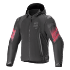 Alpinestars Zaca Air Venom WP-jacka, motorcykeljacka i textil, svart och klarröd, röda gradientmönster på ärmarna, vertikal ASTARS-logotyp på bröstet, design med huva och meshkonstruktion för ventilation, sportig mc-utrustning