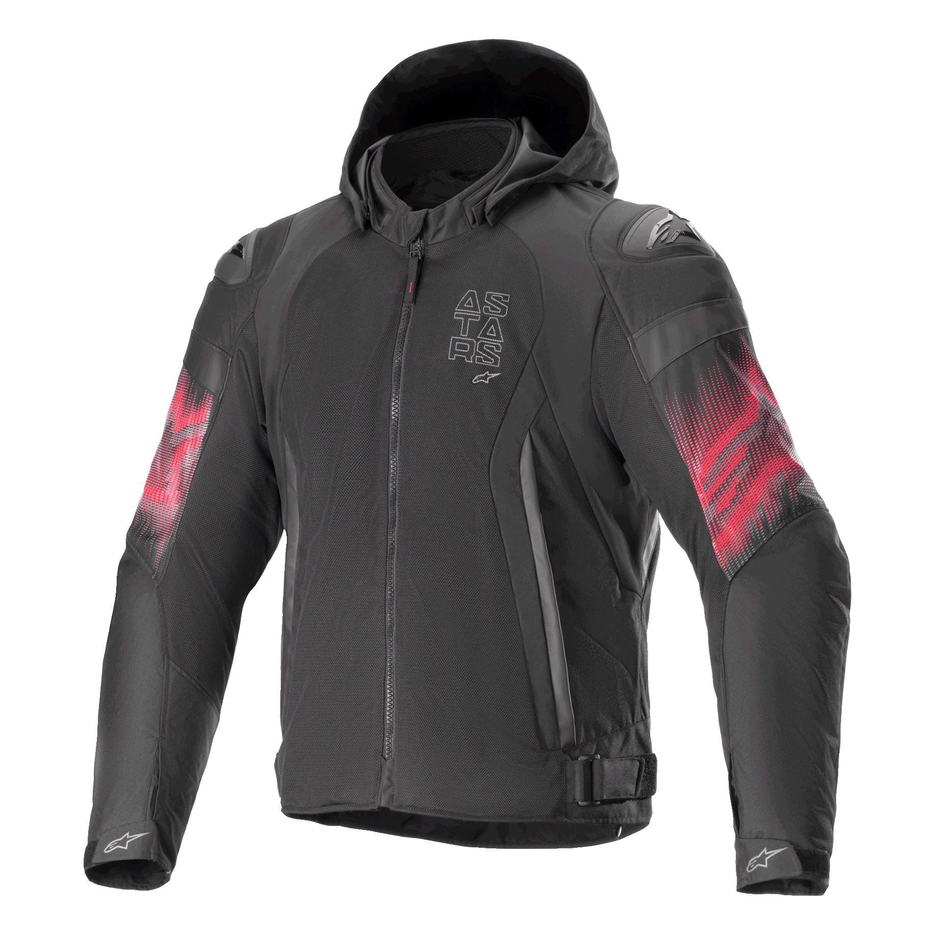 Alpinestars Zaca Air Venom WP-jacka, motorcykeljacka i textil, svart och klarröd, röda gradientmönster på ärmarna, vertikal ASTARS-logotyp på bröstet, design med huva och meshkonstruktion för ventilation, sportig mc-utrustning