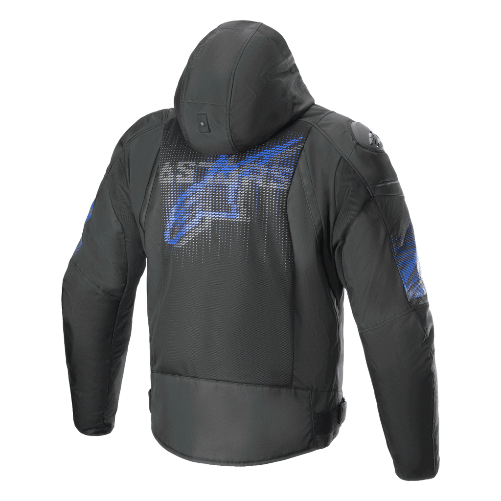 Alpinestars Zaca Air Venom Waterproof Jacket, men's textile motorcycle riding jacket with hood, rear view, Black and Electric Blue, featuring 3D mesh ventilation and CE certified protection