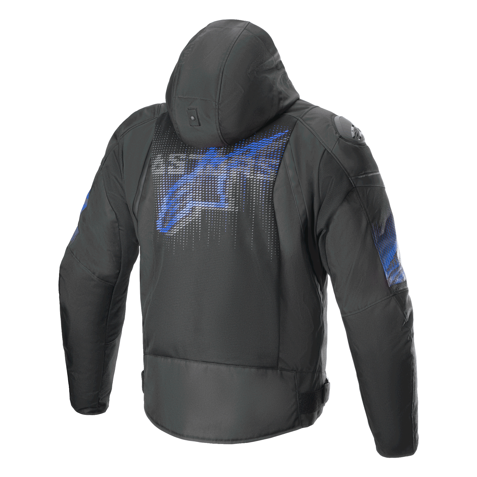 Alpinestars Zaca Air Venom Waterproof Jacket, men's textile motorcycle riding jacket with hood, rear view, Black and Electric Blue, featuring 3D mesh ventilation and CE certified protection