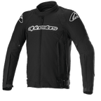 Alpinestars T-GP Force Jacket, Black textile motorcycle jacket with white logos on chest and shoulders, full front zipper, high collar, pre-curved sleeves, sport-fit design for road riding