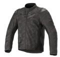 Alpinestars T SP-5 Rideknit® Textile Jacket, Motorcycle Jacket, Black Camo, featuring a dark camouflage pattern, ribbed knitted panels for stretch, external shoulder sliders, high collar, and a streamlined sport fit
