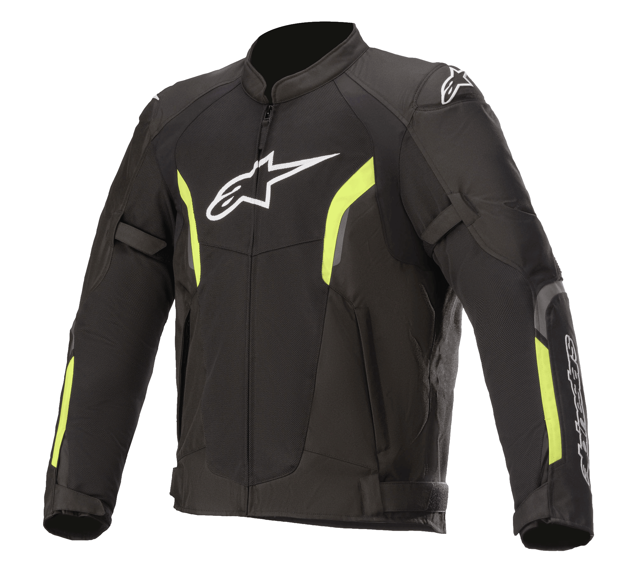 Alpinestars AST V2 Air Jacket, motorcykeljacka i mesh, svart och neongul, vit Astars-logotyp på bröstet, stora meshpaneler för ventilation, neongula detaljer på ärmar och bröst, samt justerbara remmar på armarna för en sportig och skyddande passform