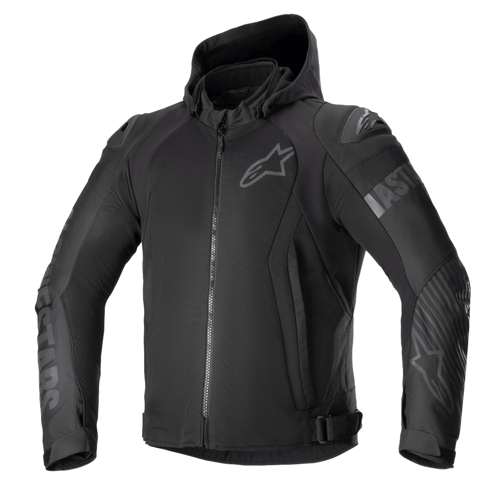 Alpinestars Zaca Air Jacket, Black Textile Motorcycle Jacket, Hooded design with front zipper, 3D mesh panels for breathability, external DFS Lite shoulder sliders, tonal logos on chest and arms, adjustable waist straps, sporty street style