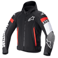 Alpinestars Zaca Air Jacket, Black textile motorcycle jacket with red and white fluo accents, featuring a detachable hood, 3D mesh panels for ventilation, bold white Alpinestars branding on sleeves, star logo on chest, and adjustable waist straps.