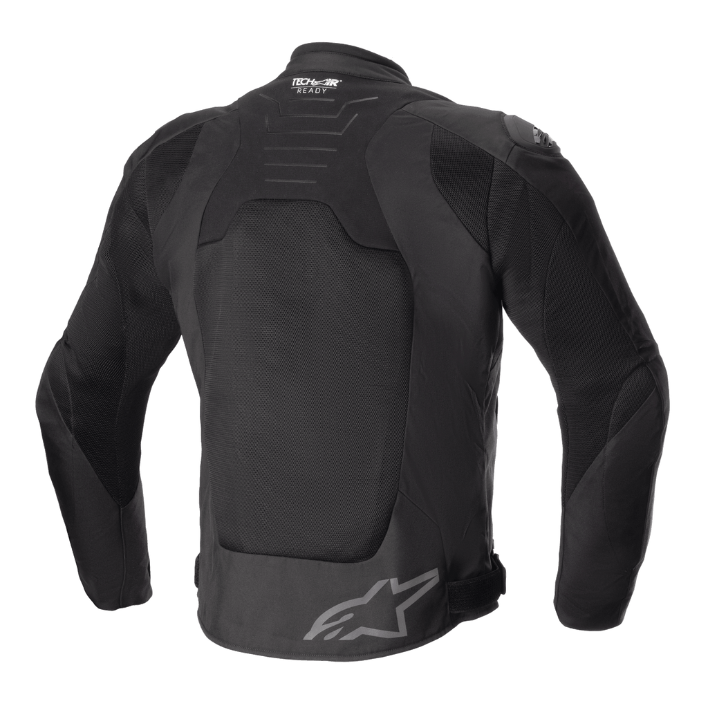 Alpinestars SMX Air-jacka, svart, ryggvy, med stora paneler i teknisk mesh för ventilation, Tech-Air Ready-logotyp på övre ryggen, Alpinestars stjärnlogotyp på nedre ryggen, motorcykeljacka i sportmodell av textil.