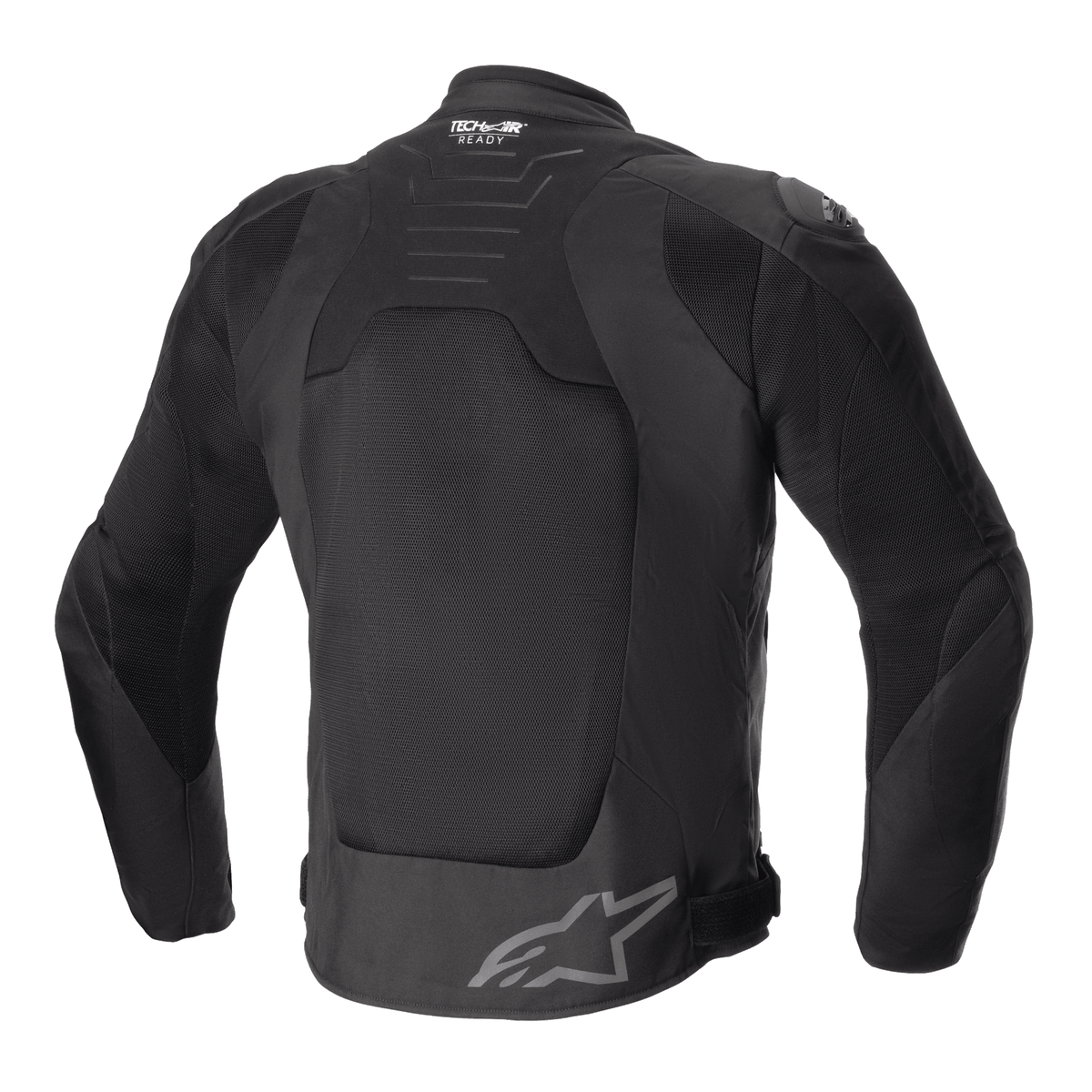 Alpinestars SMX Air-jacka, svart, ryggvy, med stora paneler i teknisk mesh för ventilation, Tech-Air Ready-logotyp på övre ryggen, Alpinestars stjärnlogotyp på nedre ryggen, motorcykeljacka i sportmodell av textil.
