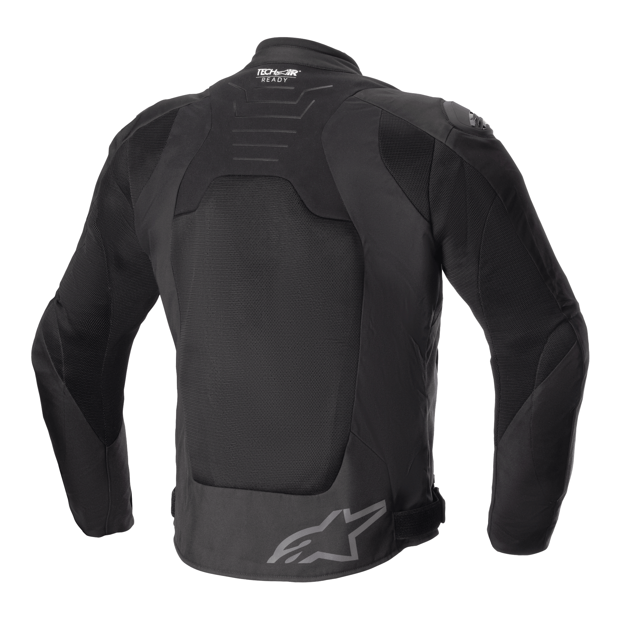 Alpinestars SMX Air-jacka, svart, ryggvy, med stora paneler i teknisk mesh för ventilation, Tech-Air Ready-logotyp på övre ryggen, Alpinestars stjärnlogotyp på nedre ryggen, motorcykeljacka i sportmodell av textil.