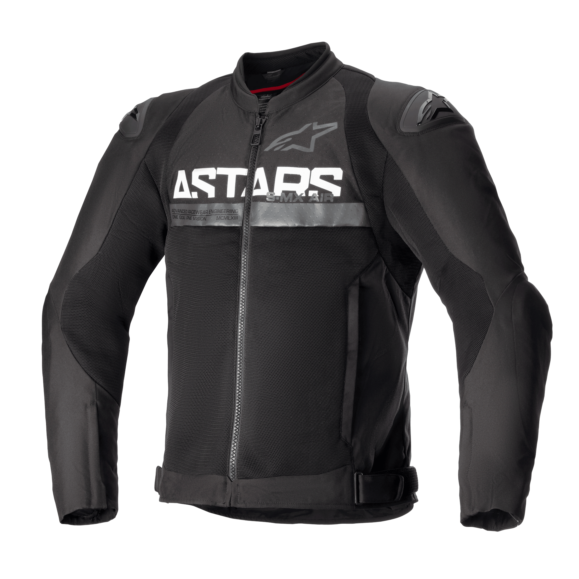 Alpinestars SMX Air Jacket, svart motorcykeljacka i textil, med ventilationspaneler i mesh, framträdande vit ASTARS-logotyp på bröstet, DFS Lite externa axelskydd och dragkedja framtill i en kroppsnära racingdesign.