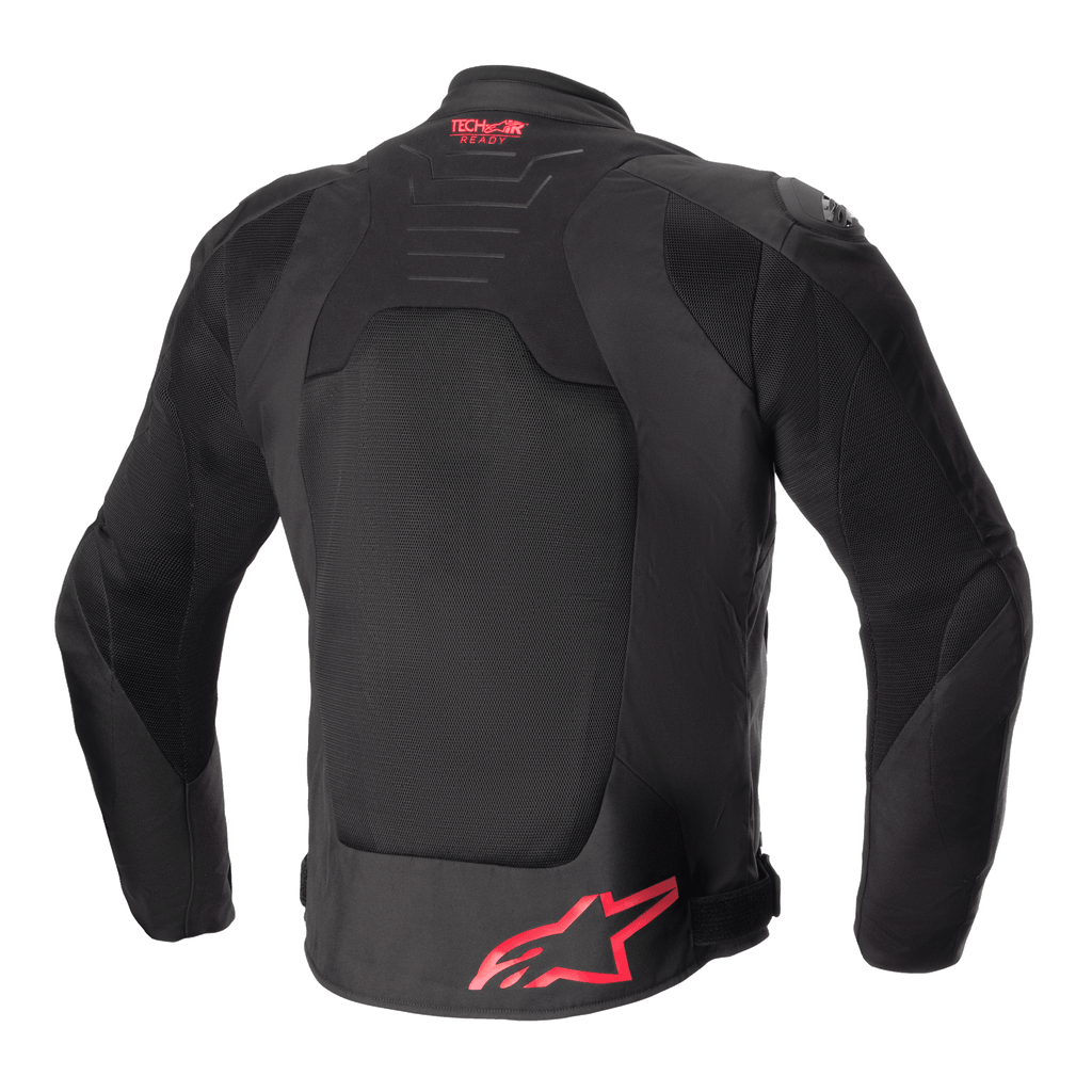 Alpinestars SMX Air-jacka, sedd bakifrån, svart med klarröda detaljer, ventilerad ryggpanel i mesh, Tech-Air Ready-logotyp på övre ryggen, röd Alpinestars-logotyp på nedre ryggen, sportmotorcykeljacka