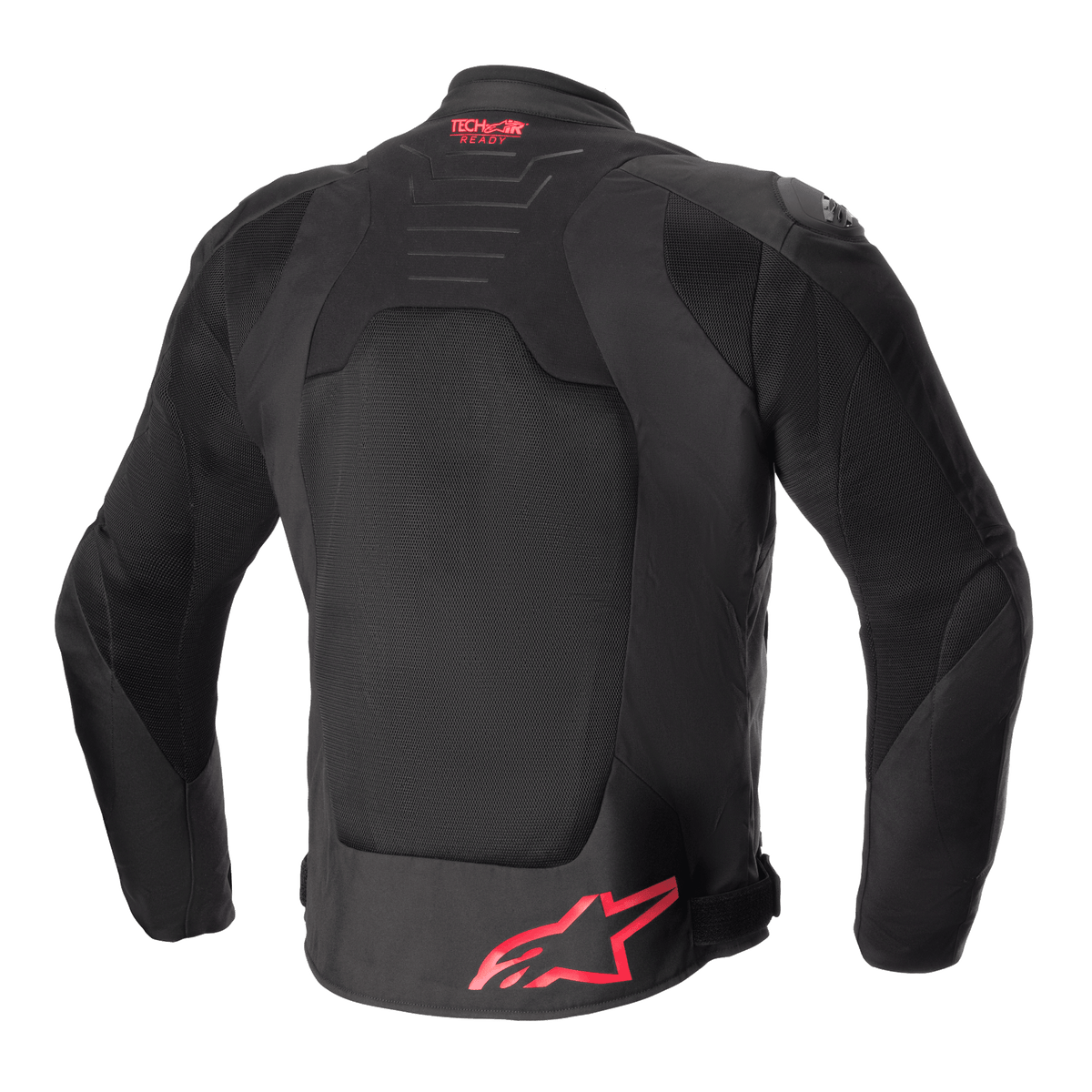 Alpinestars SMX Air-jacka, sedd bakifrån, svart med klarröda detaljer, ventilerad ryggpanel i mesh, Tech-Air Ready-logotyp på övre ryggen, röd Alpinestars-logotyp på nedre ryggen, sportmotorcykeljacka