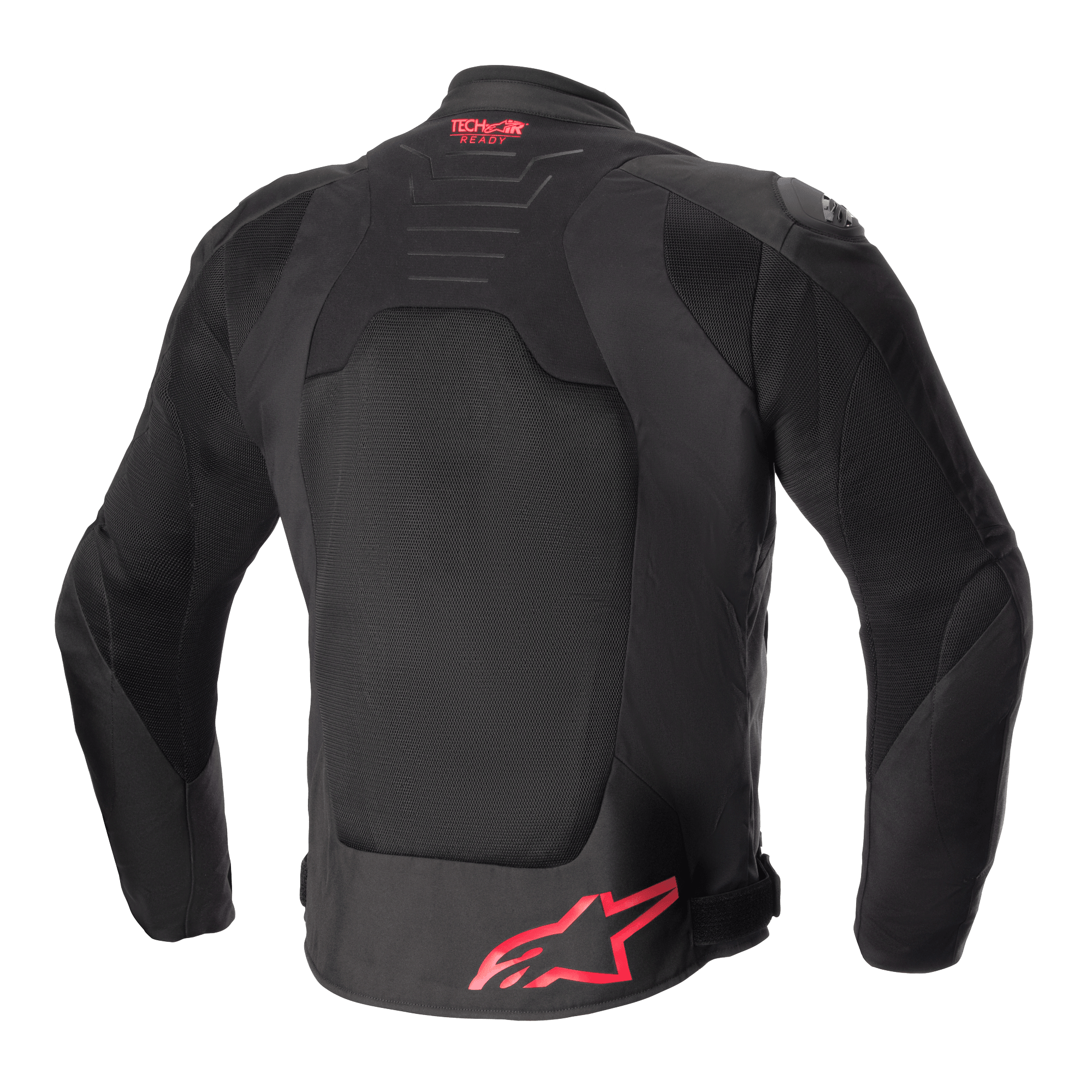 Alpinestars SMX Air-jacka, sedd bakifrån, svart med klarröda detaljer, ventilerad ryggpanel i mesh, Tech-Air Ready-logotyp på övre ryggen, röd Alpinestars-logotyp på nedre ryggen, sportmotorcykeljacka