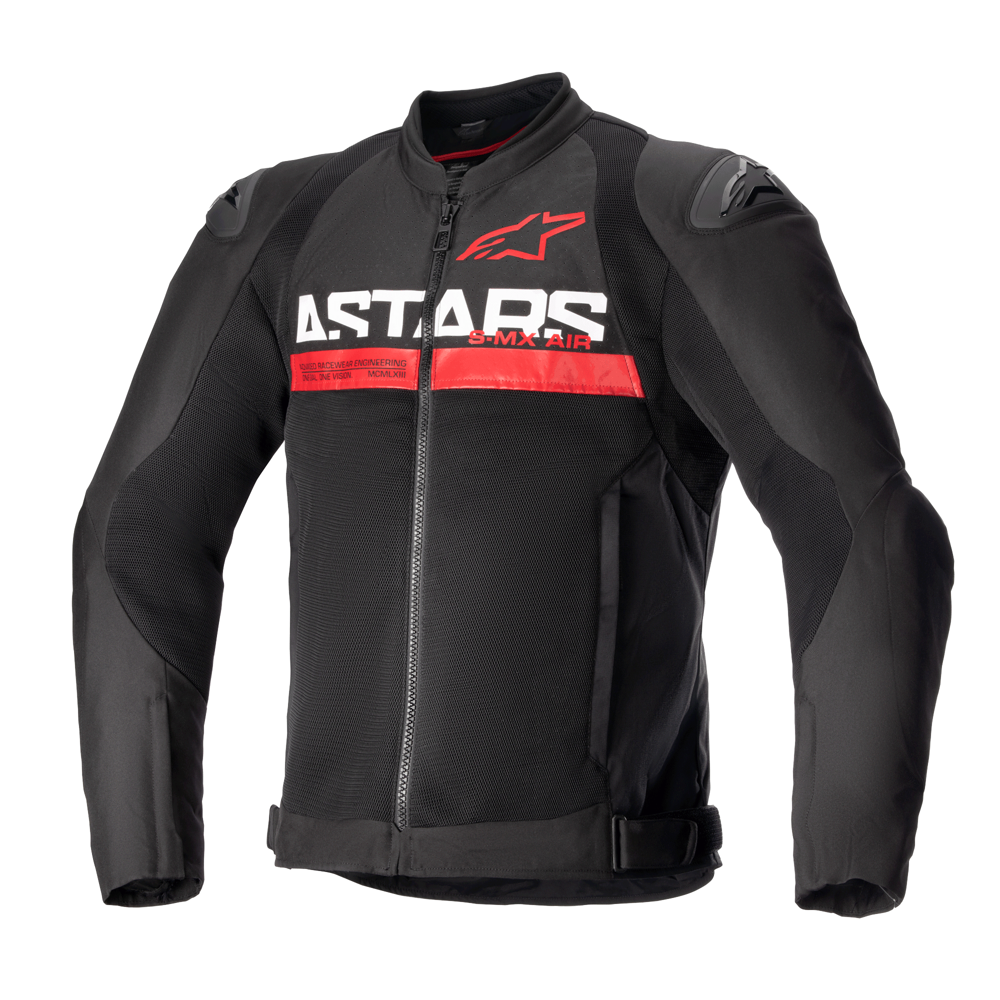 Alpinestars SMX Air Jacket, sportig motorcykeljacka, svart och klarröd, med framträdande vit "ASTARS"-text och en röd horisontell rand på bröstet, ventilerade meshpaneler med DFS Lite externa axelsliders, skyddande sommarkörutrustning
