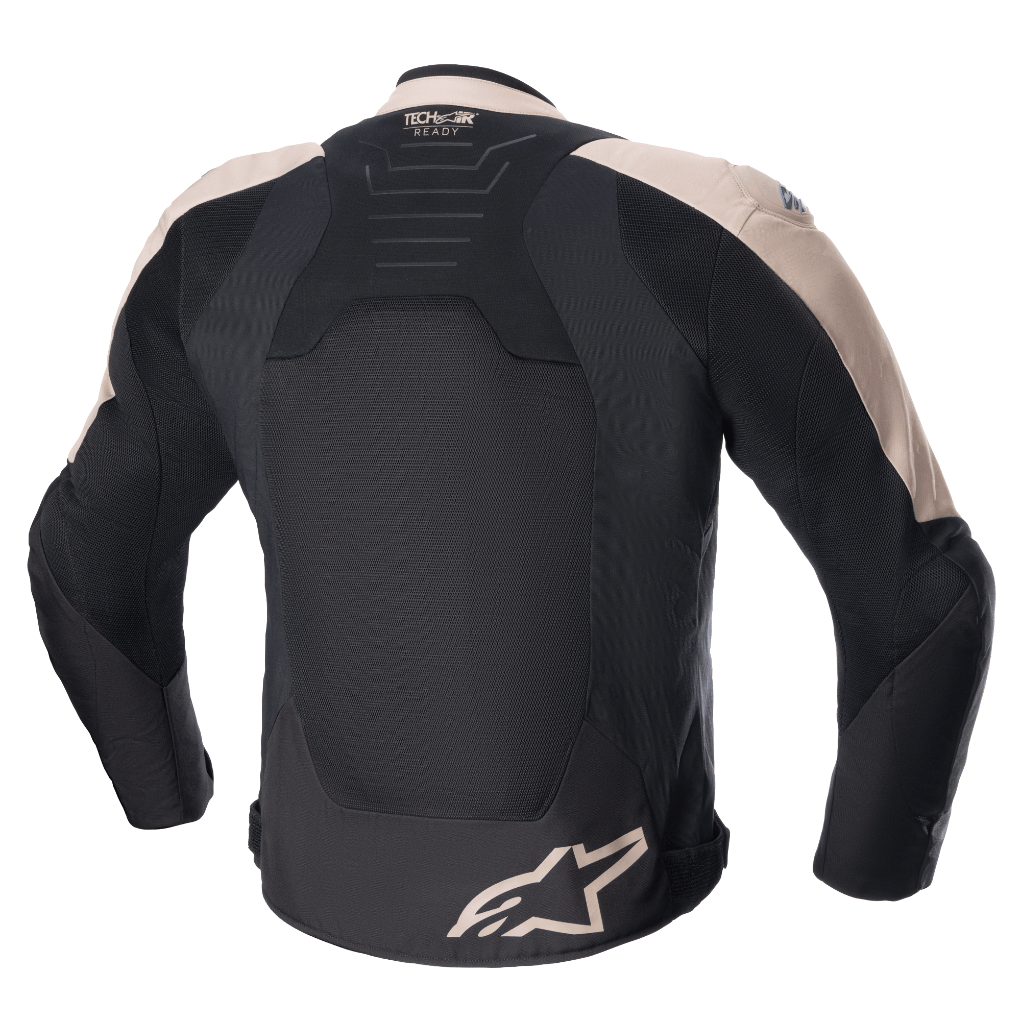 Alpinestars SMX Air-jacka, sportjacka för motorcykel, ljusbrun och svart, baksida med ventilerade paneler i teknisk mesh, Tech-Air Ready-märkning på övre ryggen och Alpinestars-logotyp i nederkanten.