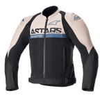 Alpinestars SMX Air Jacket, sportjacka för motorcykel, ljusbrun och svart med detaljer i sodalitblått, ventilationspaneler i mesh, ASTARS-logotyp på bröstet, dragkedja fram, justerbara midjeremmar, skyddande axelsliders