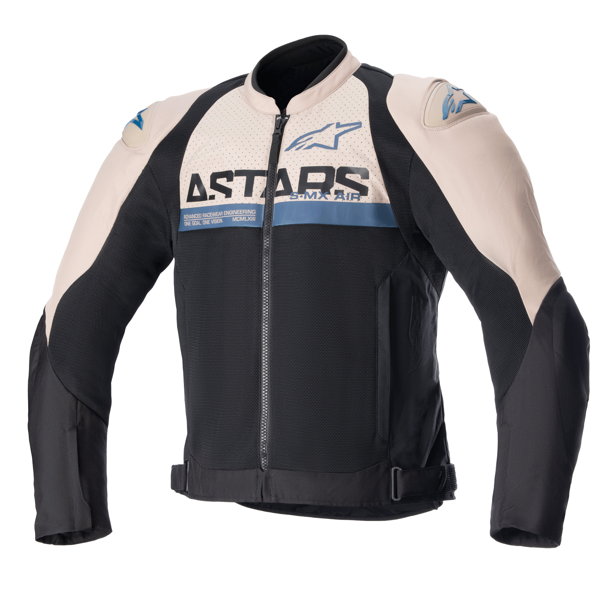 Alpinestars SMX Air Jacket, sportjacka för motorcykel, ljusbrun och svart med detaljer i sodalitblått, ventilationspaneler i mesh, ASTARS-logotyp på bröstet, dragkedja fram, justerbara midjeremmar, skyddande axelsliders