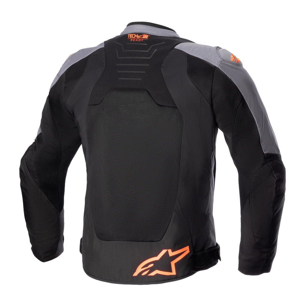 Alpinestars SMX Air-jacka, textiljacka för motorcykel, svart och mörkgrå med orange fluo, baksida som visar stora meshpaneler, Tech-Air Ready-logotyp på övre ryggen och orange stjärnlogotyp nertill.