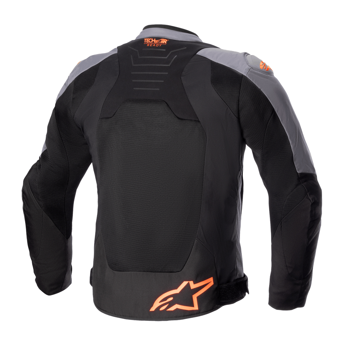 Alpinestars SMX Air-jacka, textiljacka för motorcykel, svart och mörkgrå med orange fluo, baksida som visar stora meshpaneler, Tech-Air Ready-logotyp på övre ryggen och orange stjärnlogotyp nertill.