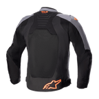 Alpinestars SMX Air-jacka, textiljacka för motorcykel, svart och mörkgrå med orange fluo, baksida som visar stora meshpaneler, Tech-Air Ready-logotyp på övre ryggen och orange stjärnlogotyp nertill.
