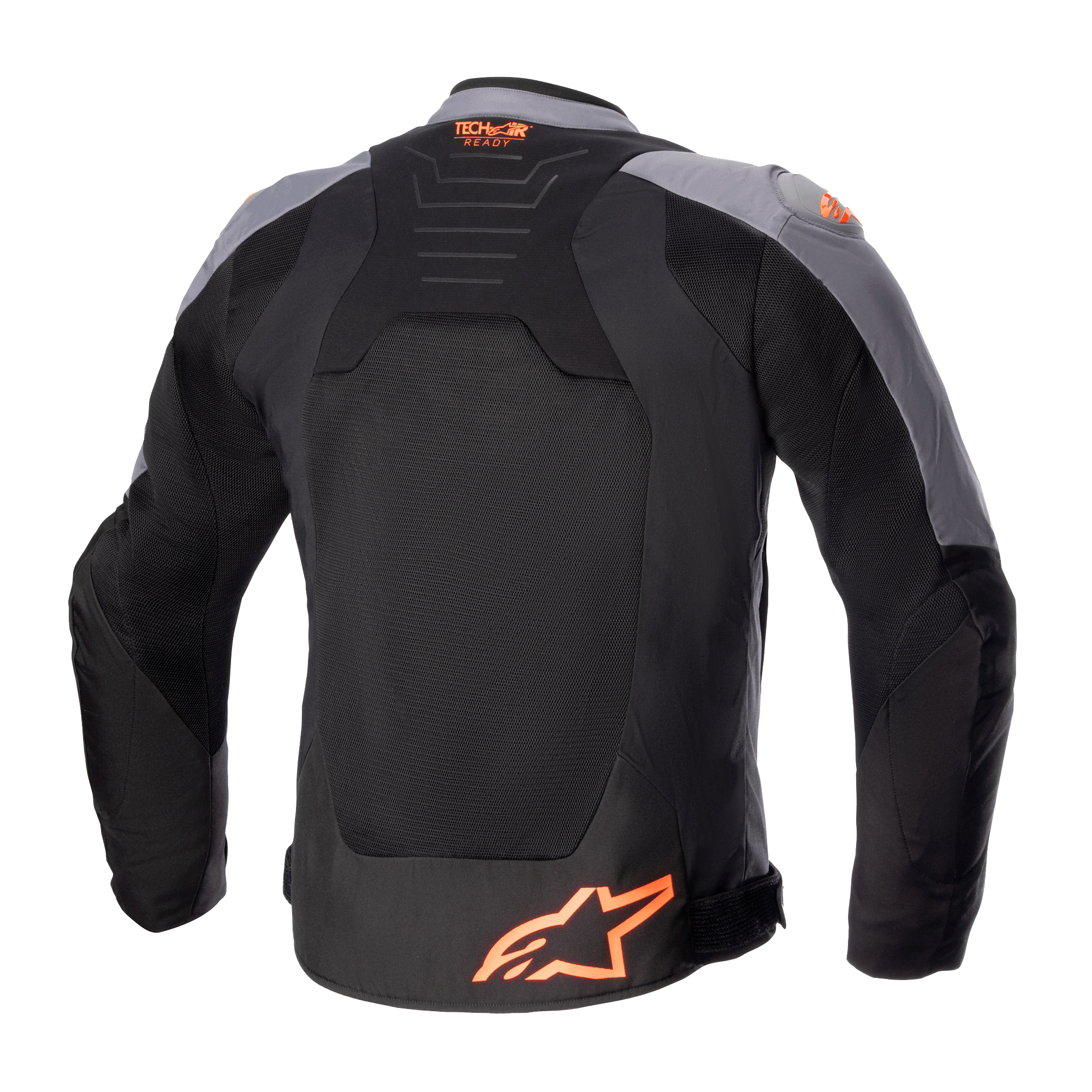 Alpinestars SMX Air-jacka, textiljacka för motorcykel, svart och mörkgrå med orange fluo, baksida som visar stora meshpaneler, Tech-Air Ready-logotyp på övre ryggen och orange stjärnlogotyp nertill.