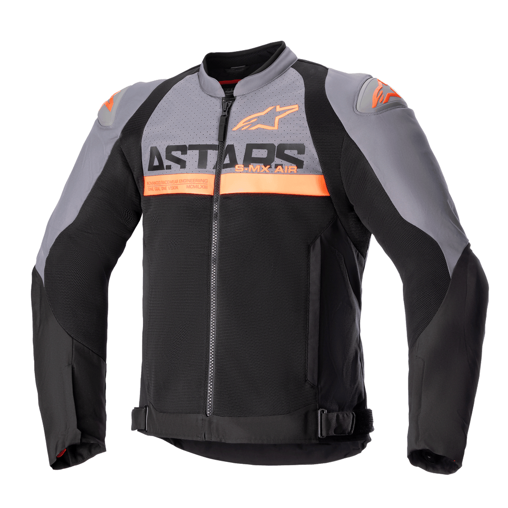 Alpinestars SMX Air Jacket, sportmotorcykeljacka, mörkgrå och svart med detaljer i neonorange, med perforerade tech-meshpaneler och tydlig ASTARS-logotyp på bröstet, långa ärmar, dragkedja fram och justerbara midjeremmar, teknisk ventilerad körutrustning.