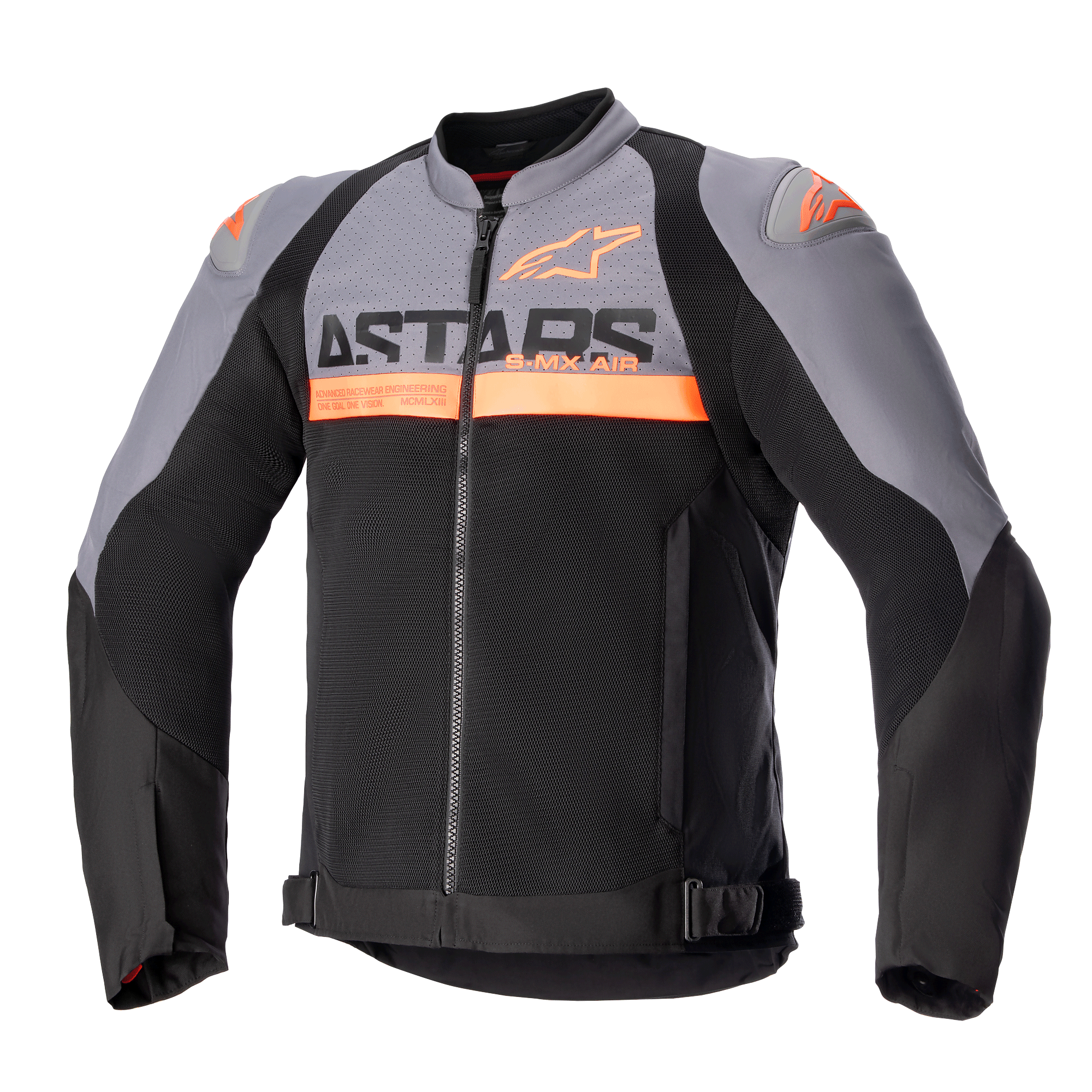 Alpinestars SMX Air Jacket, sportmotorcykeljacka, mörkgrå och svart med detaljer i neonorange, med perforerade tech-meshpaneler och tydlig ASTARS-logotyp på bröstet, långa ärmar, dragkedja fram och justerbara midjeremmar, teknisk ventilerad körutrustning.