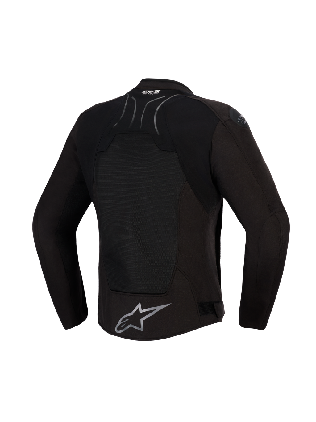 Alpinestars SMX Air Jacket, Black Anthracite, ryggvy, med en stor tech mesh-panel för ventilation, Tech-Air® Ready-märkning på övre delen av ryggen och silverfärgad Alpinestars stjärnlogotyp i nederkanten, designad för sportkörning i varmt väder.