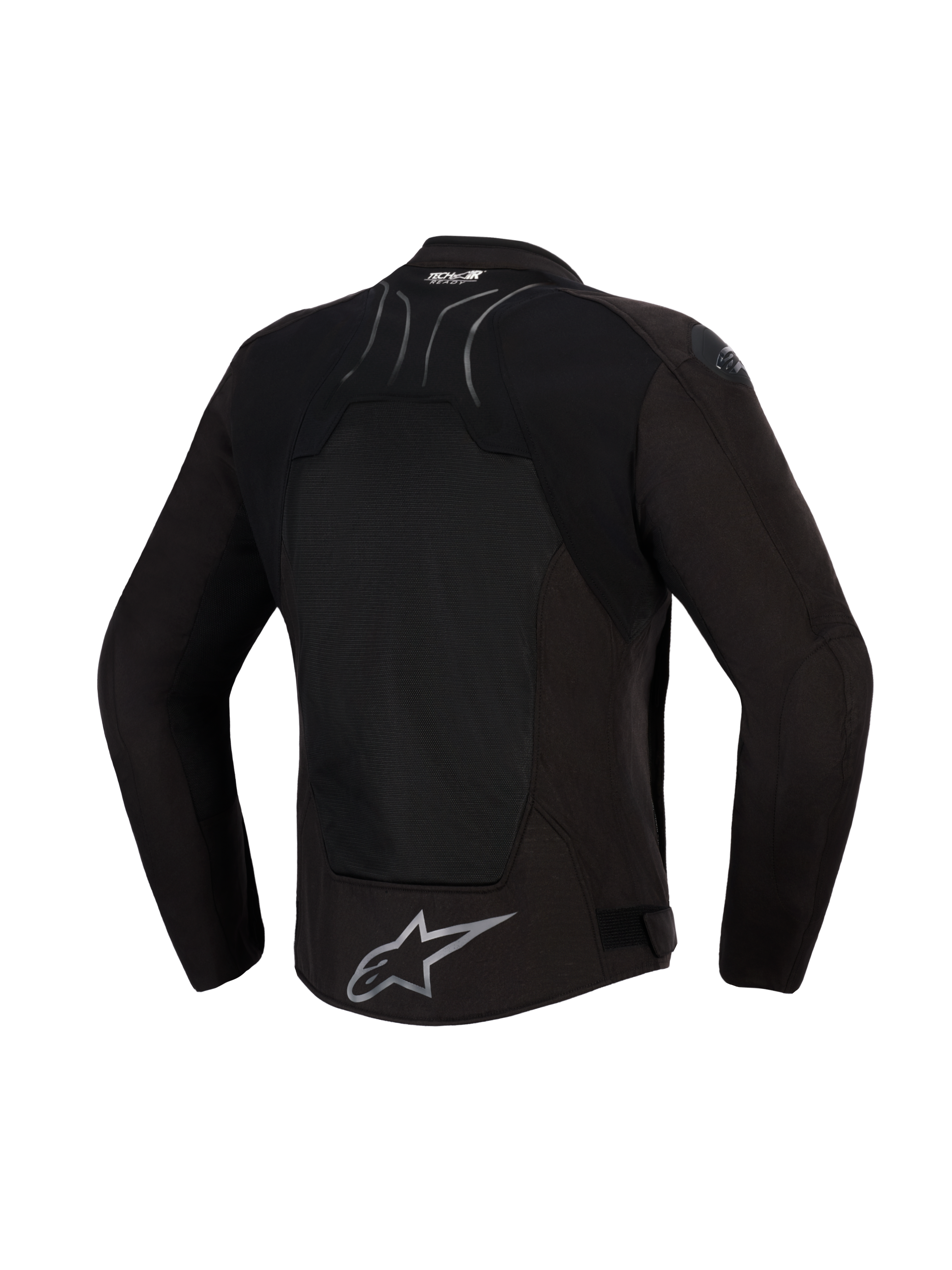 Alpinestars SMX Air Jacket, Black Anthracite, ryggvy, med en stor tech mesh-panel för ventilation, Tech-Air® Ready-märkning på övre delen av ryggen och silverfärgad Alpinestars stjärnlogotyp i nederkanten, designad för sportkörning i varmt väder.