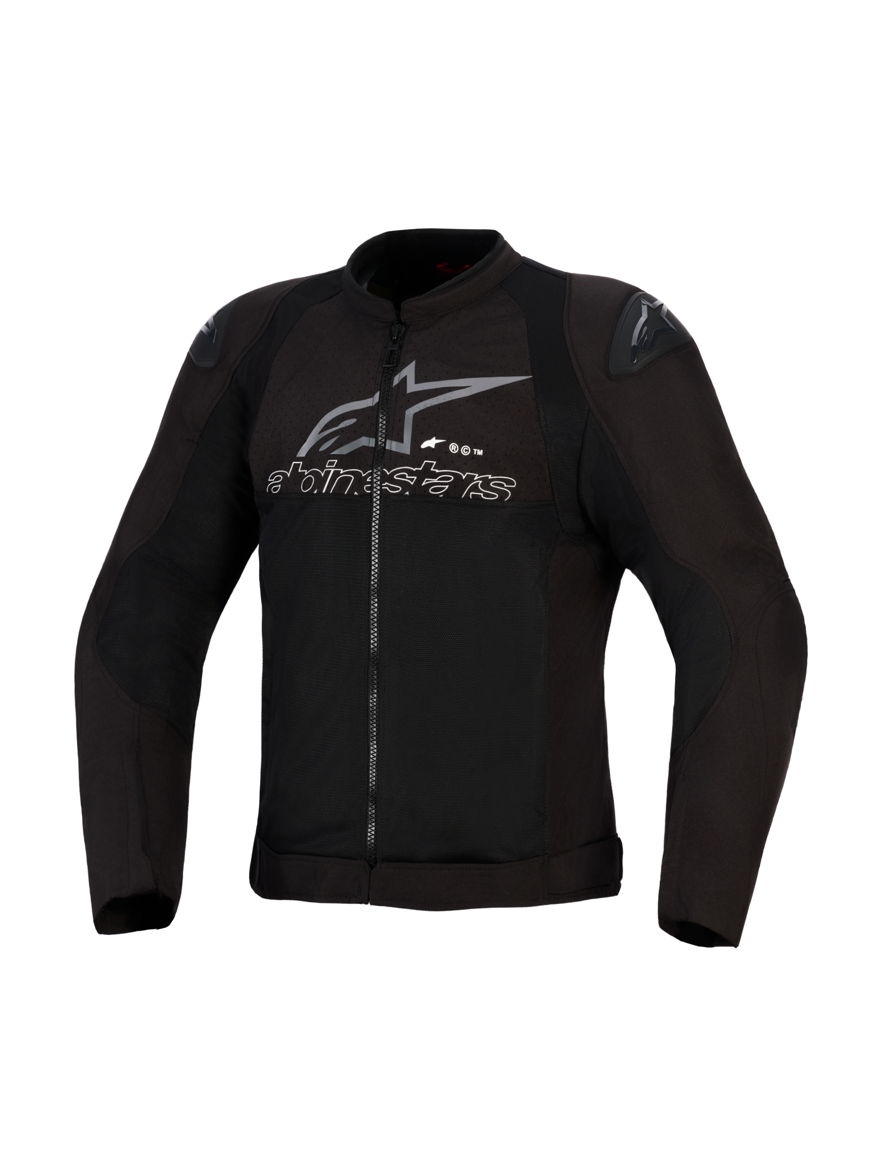 Alpinestars SMX Air-jacka, svart och antracit, ventilerad mc-jacka i textil, meshpaneler med högt luftflöde, DFS Lite-axelsliders, grå Alpinestars-logotyp och text på bröstet