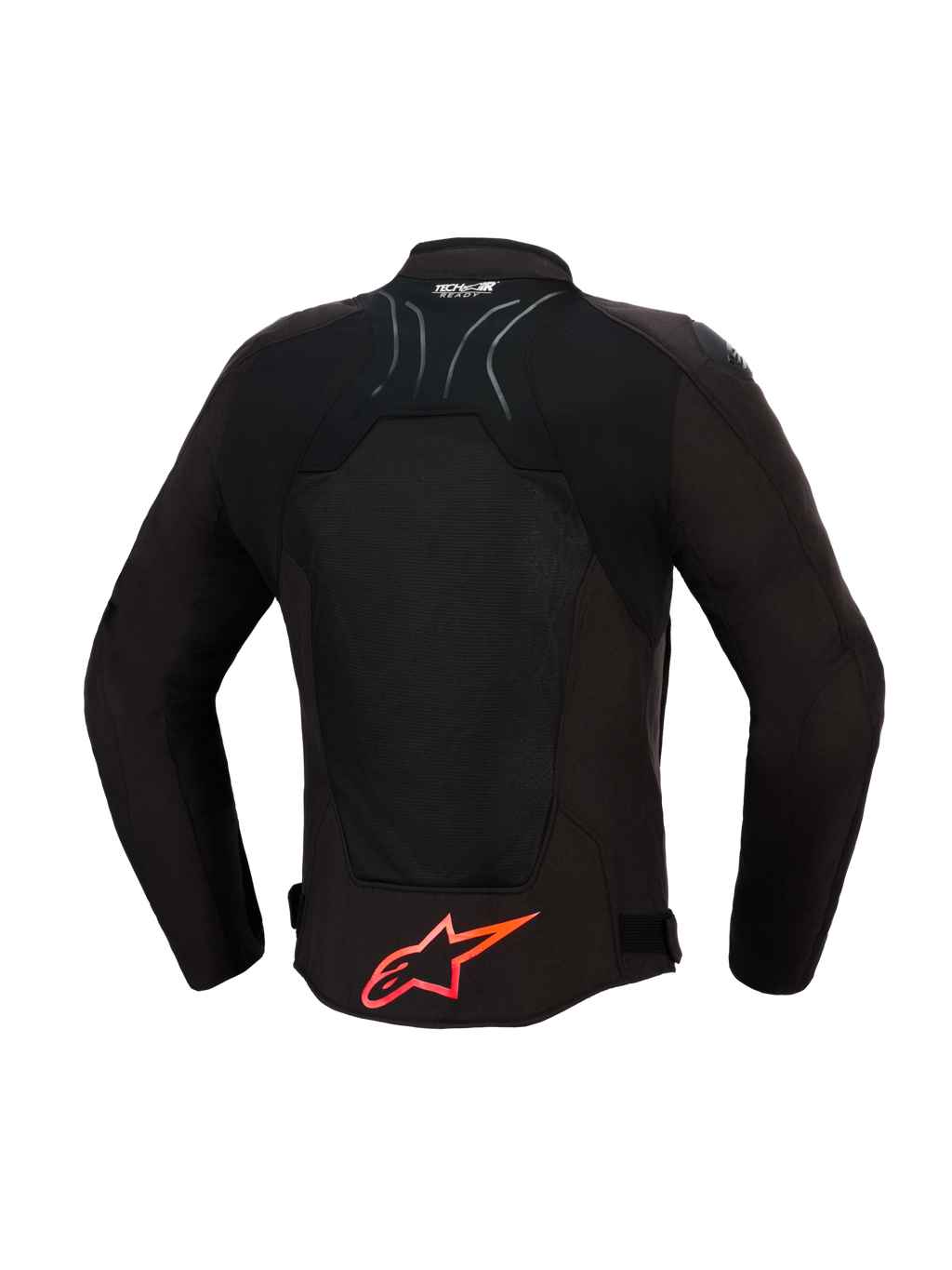 Alpinestars SMX Air Jacket, motorcykeljacka, svart med klarröda detaljer, ryggvy som visar tekniska meshpaneler för luftflöde, stor röd Alpinestars-logotyp på nedre delen av ryggen, Tech-Air Ready-logotyp på kragen, sportig design för högpresterande körning
