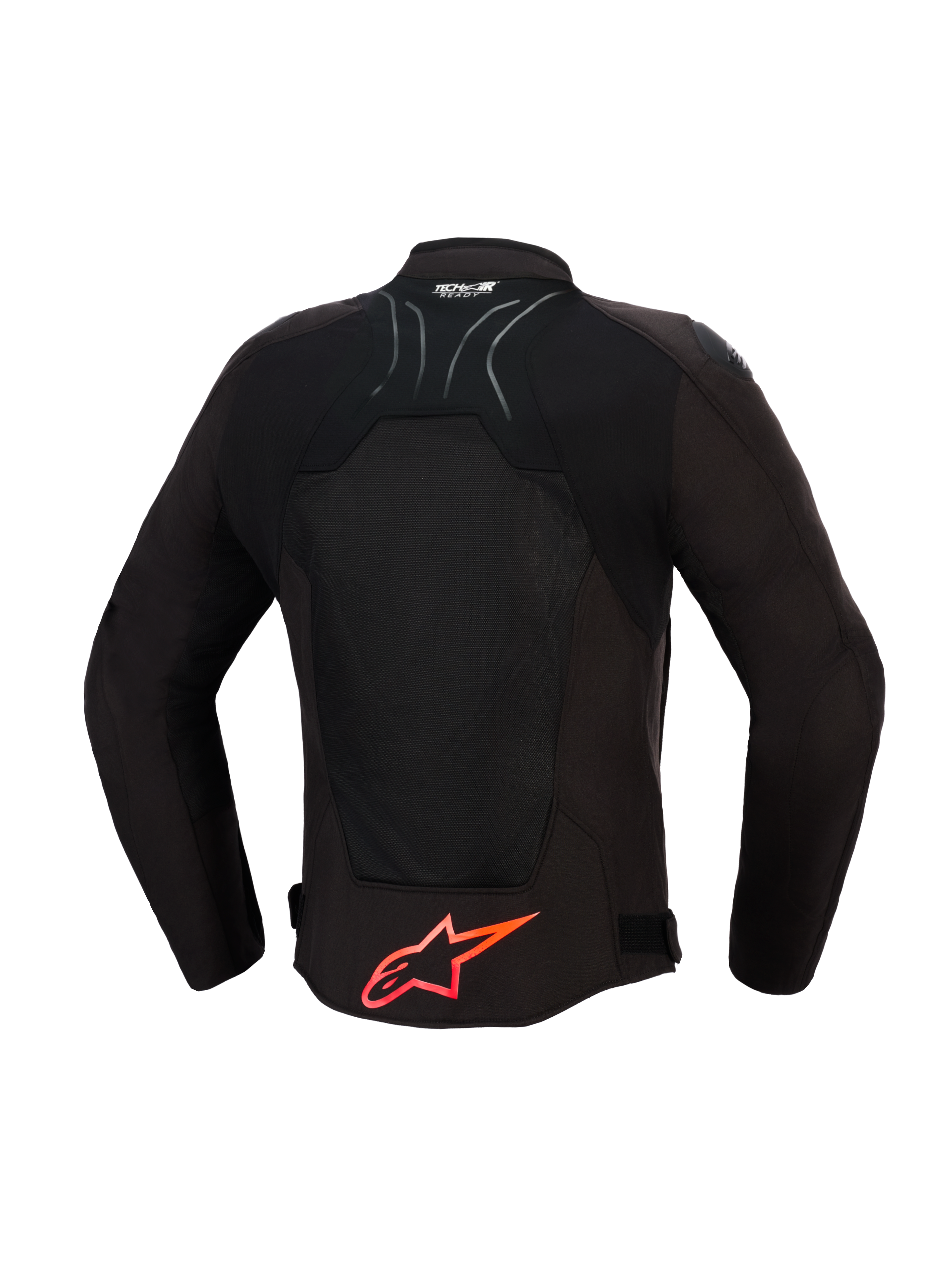 Alpinestars SMX Air Jacket, motorcykeljacka, svart med klarröda detaljer, ryggvy som visar tekniska meshpaneler för luftflöde, stor röd Alpinestars-logotyp på nedre delen av ryggen, Tech-Air Ready-logotyp på kragen, sportig design för högpresterande körning