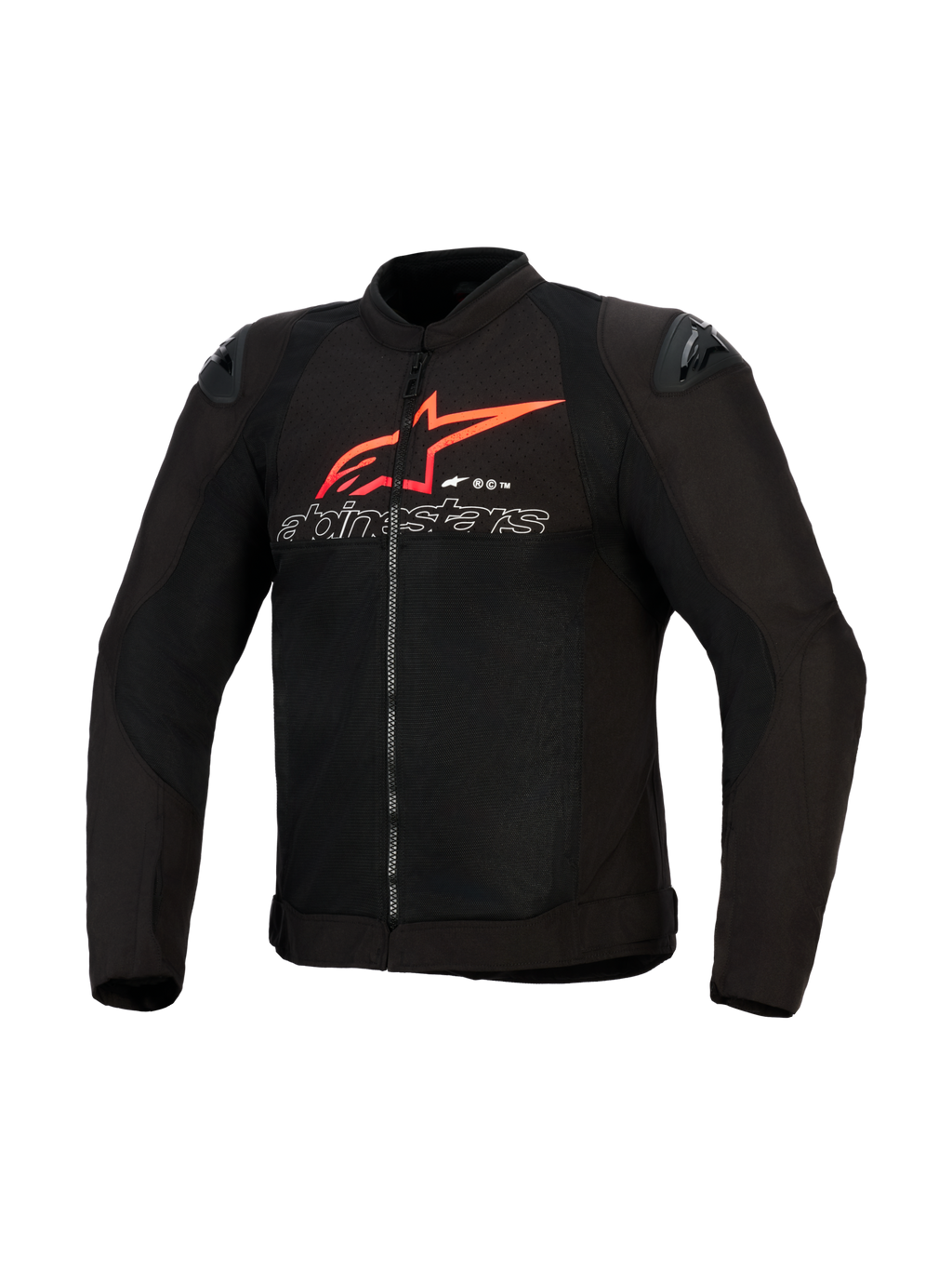 Alpinestars SMX Air Jacket, motorcykeljacka, svart med klaröda och vita accenter, med en stor röd Alpinestars-stjärnlogotyp och vit konturtext på bröstet, meshpaneler med svarta axelsliders, högpresterande sportkörningsutrustning