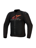 Alpinestars SMX Air Jacket, motorcykeljacka, svart med klaröda och vita accenter, med en stor röd Alpinestars-stjärnlogotyp och vit konturtext på bröstet, meshpaneler med svarta axelsliders, högpresterande sportkörningsutrustning