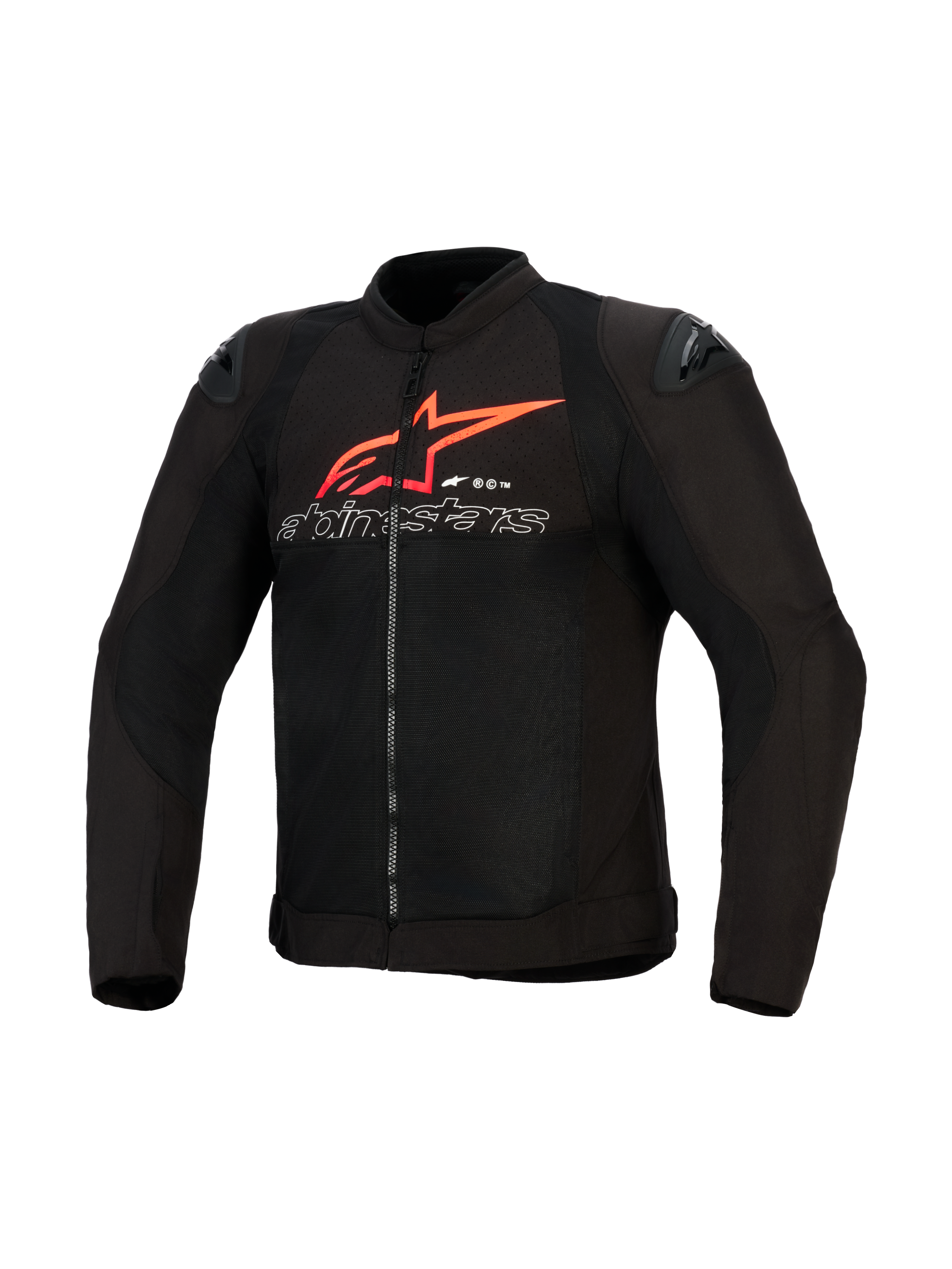 Alpinestars SMX Air Jacket, motorcykeljacka, svart med klaröda och vita accenter, med en stor röd Alpinestars-stjärnlogotyp och vit konturtext på bröstet, meshpaneler med svarta axelsliders, högpresterande sportkörningsutrustning