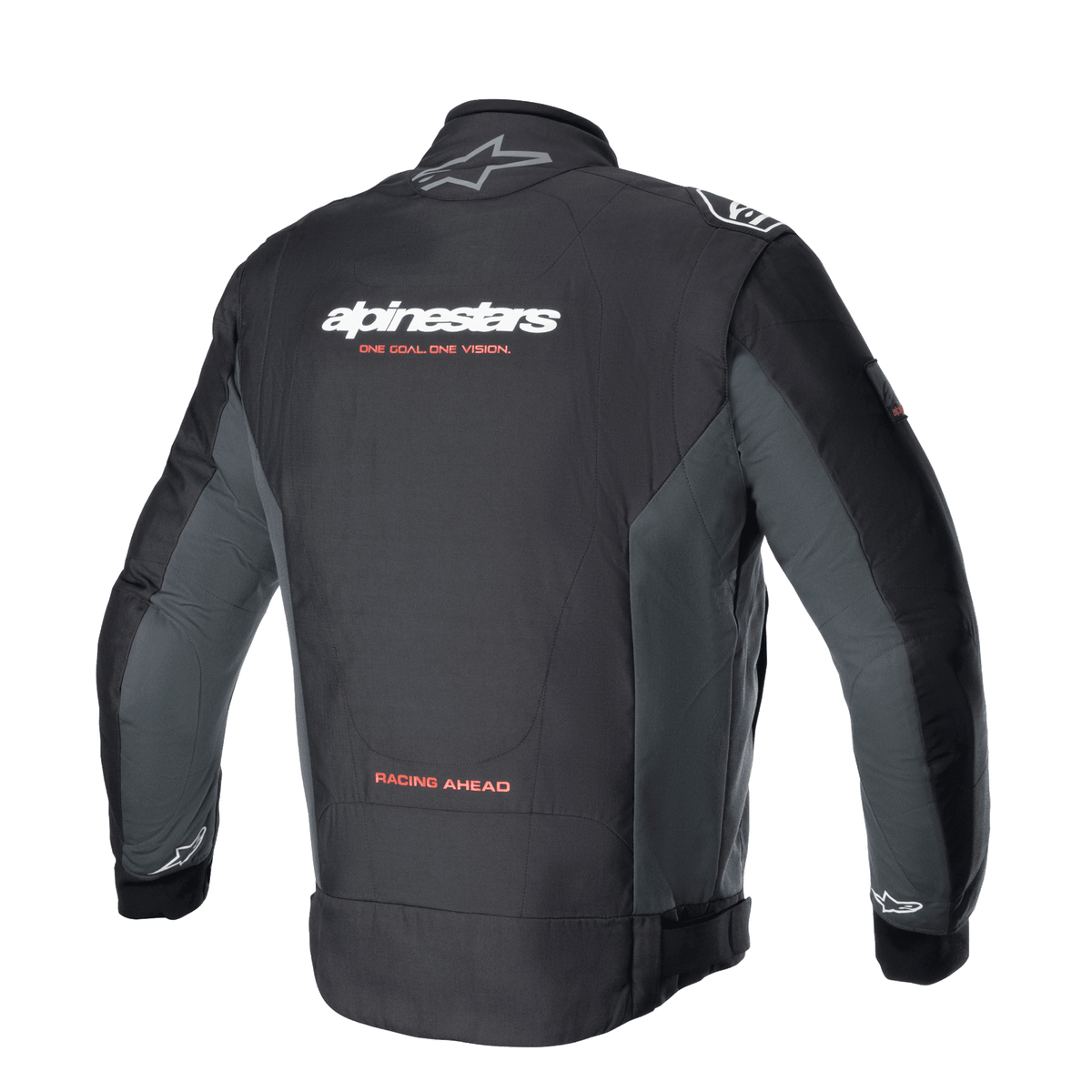 Alpinestars Monza Sport-jacka, textiljacka för motorcykel i Black Tar Gray sedd bakifrån, med vit logotyp och den röda sloganen 'ONE GOAL. ONE VISION.', grå sidopaneler och texten 'RACING AHEAD' på nedre delen av ryggen