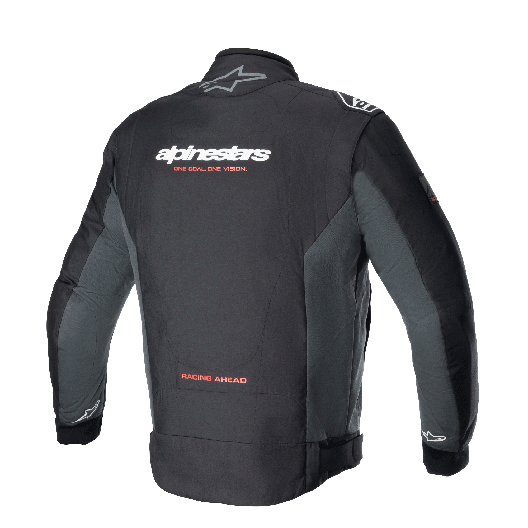Alpinestars Monza Sport-jacka, textiljacka för motorcykel i Black Tar Gray sedd bakifrån, med vit logotyp och den röda sloganen 'ONE GOAL. ONE VISION.', grå sidopaneler och texten 'RACING AHEAD' på nedre delen av ryggen