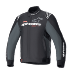 Alpinestars Monza Sport Jacket, Black Tar Gray motorcykeljacka i textil, hög krage med texten 'ONE GOAL. ONE VISION.', vita och grå Alpinestars-logotyper på bröstet, stjärnlogotyper på axlarna, röda grafiska detaljer, justerbara flikar i midjan, stilren teknisk design.