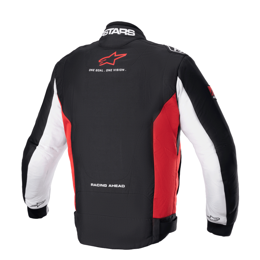 Alpinestars Monza Sport Jacket, men's textile motorcycle riding jacket, back view showcasing black, bright red, and white colorway with branding details