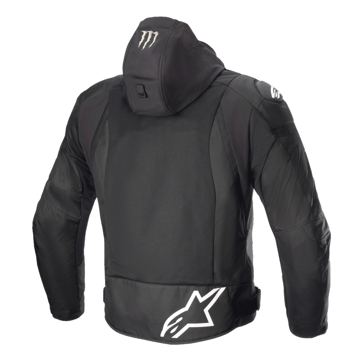 Alpinestars FQ20 Zaca Air Monster Jacka, motorcykeljacka i textil, svart och vit, vy bakifrån som visar en stor vit Alpinestars-logotyp på nedre ryggen, Monster Energy-klomärke på huvan, ventilationspaneler i 3D-mesh och DFS Lite-axelsliders.