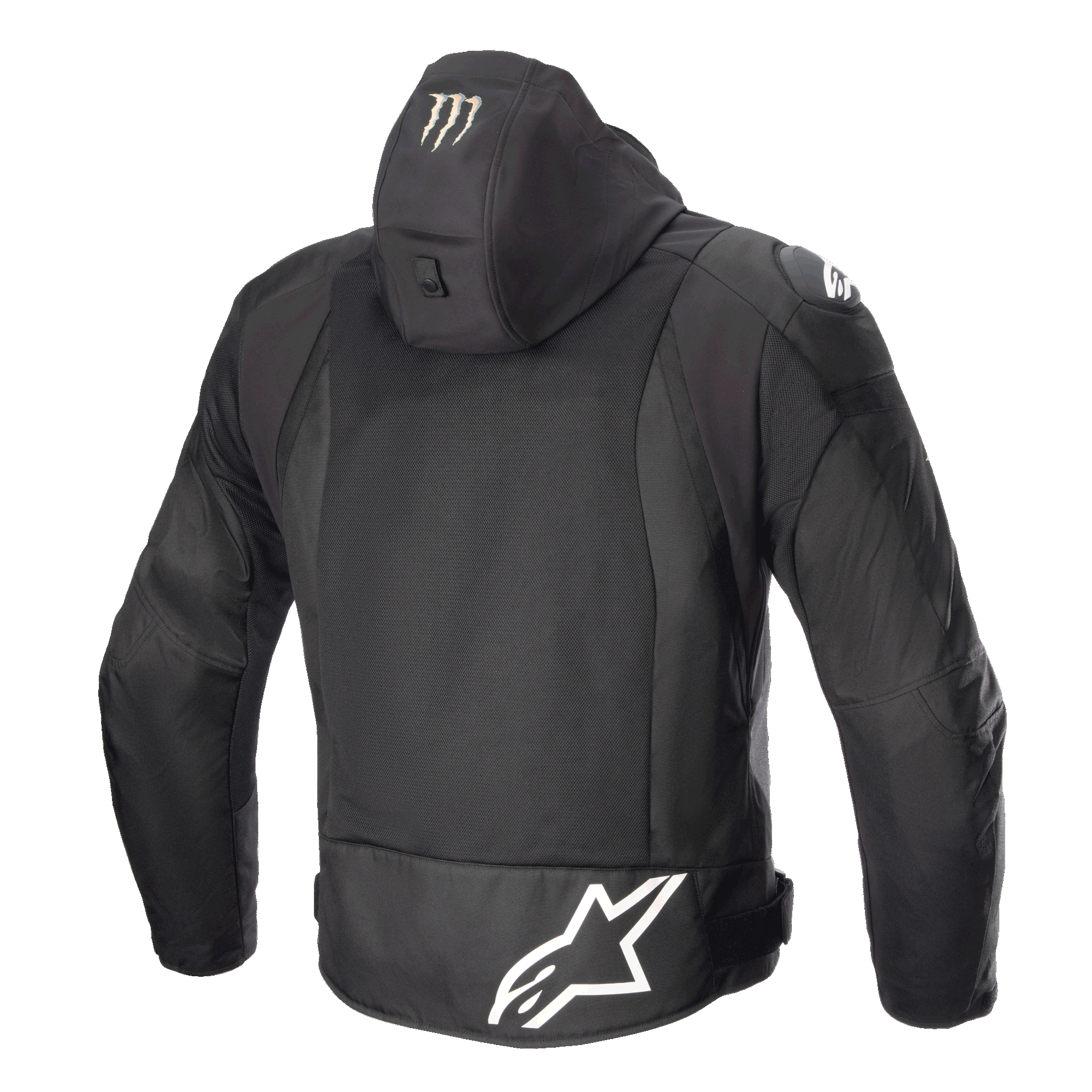 Alpinestars FQ20 Zaca Air Monster Jacka, motorcykeljacka i textil, svart och vit, vy bakifrån som visar en stor vit Alpinestars-logotyp på nedre ryggen, Monster Energy-klomärke på huvan, ventilationspaneler i 3D-mesh och DFS Lite-axelsliders.