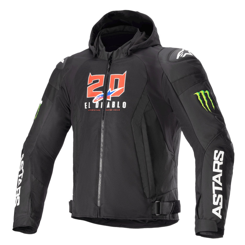 Alpinestars FQ20 Zaca Air Monster jacka, svart motorcykeljacka i textil med huva, röd och vit "20 El Diablo"-grafik, gröna Monster Energy-klo-logotyper, vit ASTARS-text på ärmarna, DFS Lite-axelsliders, dragkedja