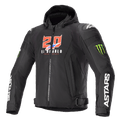 Alpinestars FQ20 Zaca Air Monster jacka, svart motorcykeljacka i textil med huva, röd och vit "20 El Diablo"-grafik, gröna Monster Energy-klo-logotyper, vit ASTARS-text på ärmarna, DFS Lite-axelsliders, dragkedja