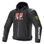 Alpinestars FQ20 Zaca Air Monster jacka, svart motorcykeljacka i textil med huva, röd och vit "20 El Diablo"-grafik, gröna Monster Energy-klo-logotyper, vit ASTARS-text på ärmarna, DFS Lite-axelsliders, dragkedja
