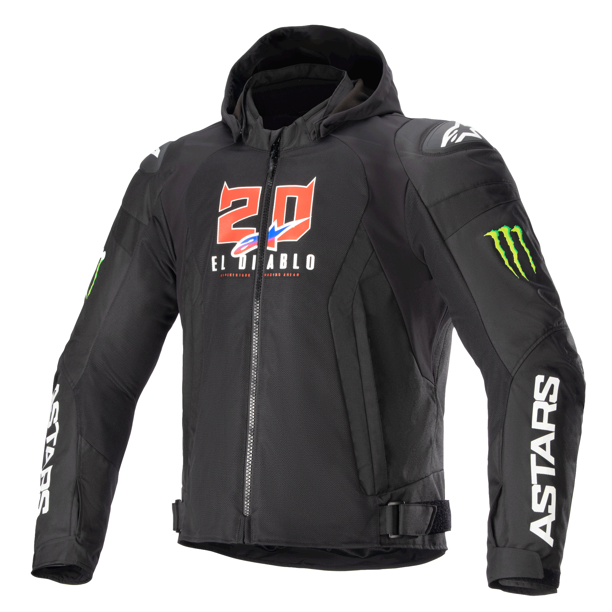 Alpinestars FQ20 Zaca Air Monster jacka, svart motorcykeljacka i textil med huva, röd och vit "20 El Diablo"-grafik, gröna Monster Energy-klo-logotyper, vit ASTARS-text på ärmarna, DFS Lite-axelsliders, dragkedja