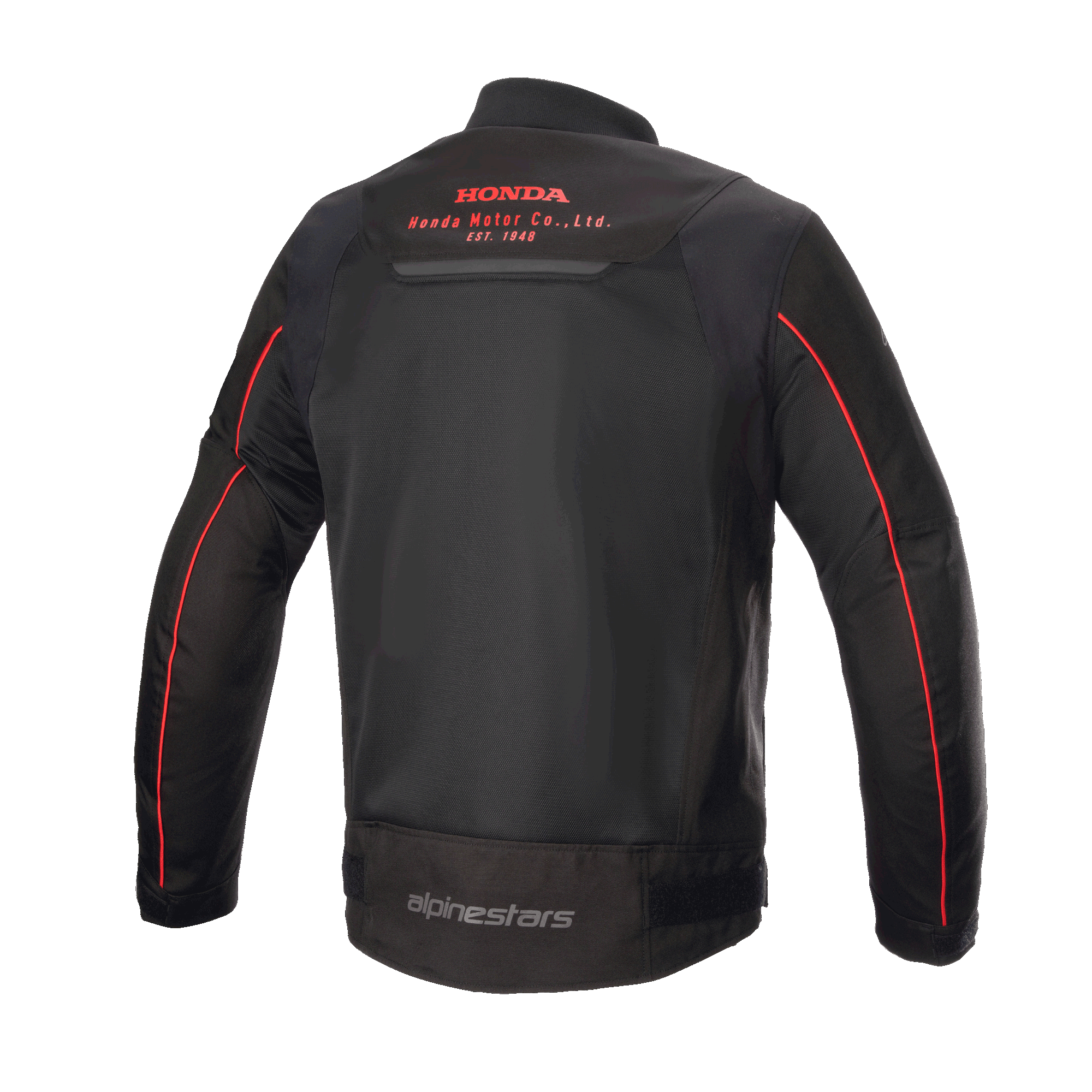Alpinestars Honda Luc V2 Air Jacket, Black and Red, rear view showing breathable mesh panels, red Honda Motor Co. logo on the upper back, Alpinestars branding on the lower back, and red piping on the sleeves, urban motorcycle jacket