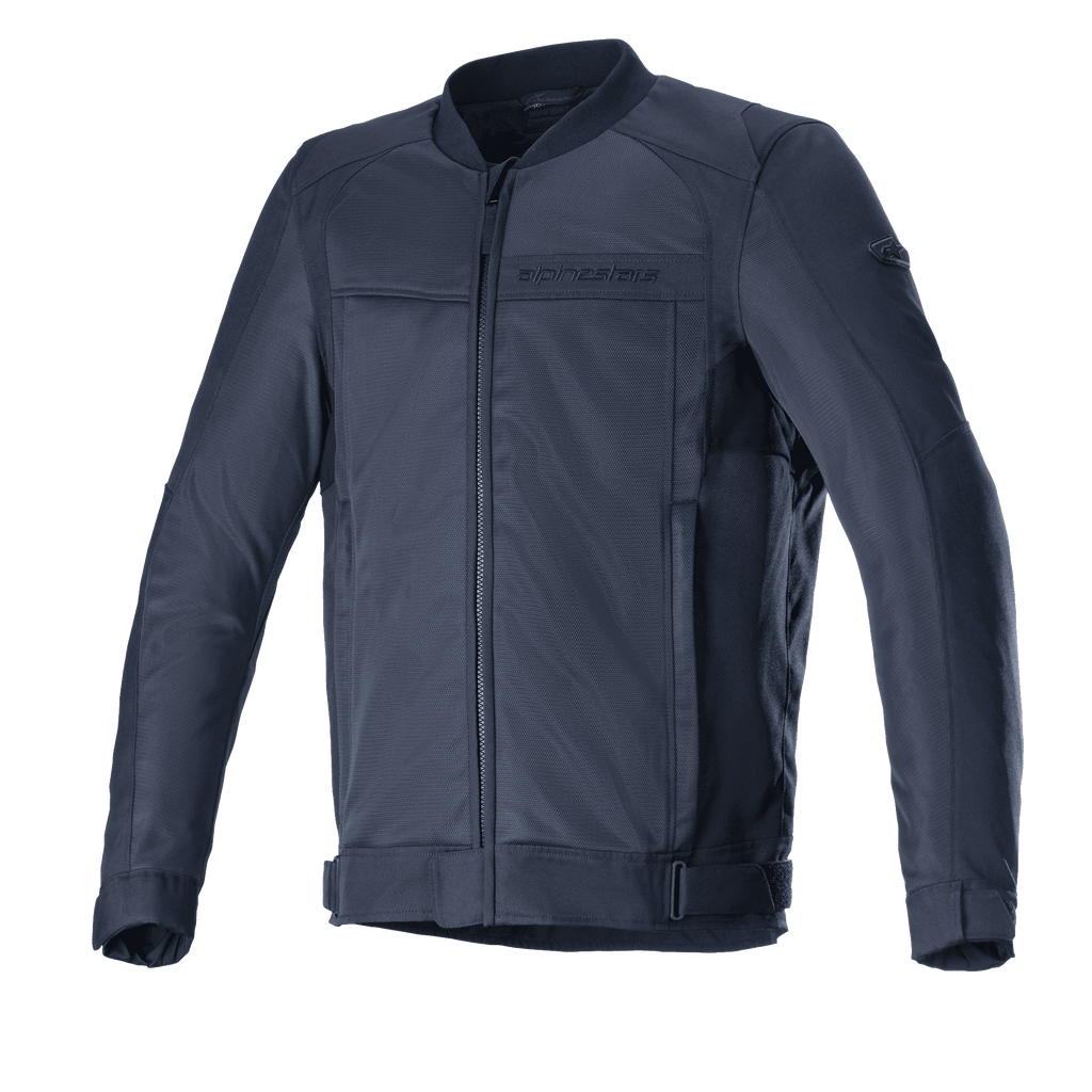 Alpinestars Luc V2 Air Jacket, Motorcycle Urban Riding Jacket, Navy Black, Bomber-style design with front zipper, extensive mesh panels for airflow, adjustable waist straps, and subtle branding on chest